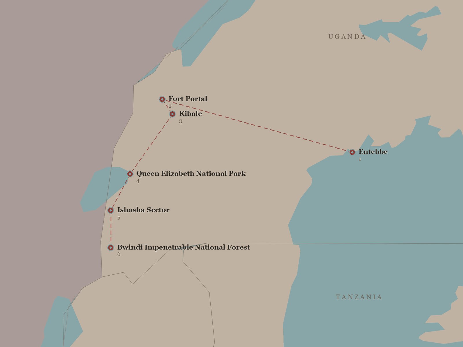 Original Spirit of Kenya route map: Primates of Uganda Safari