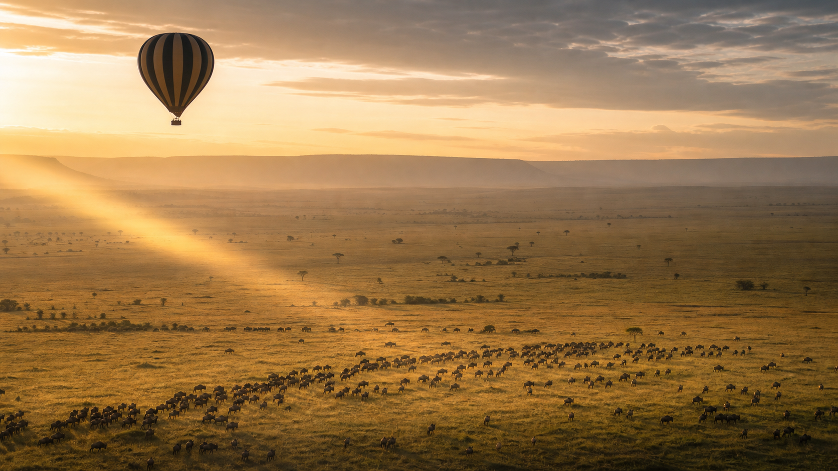 A hot-air balloon floating above the Maasai Mara at sunrise