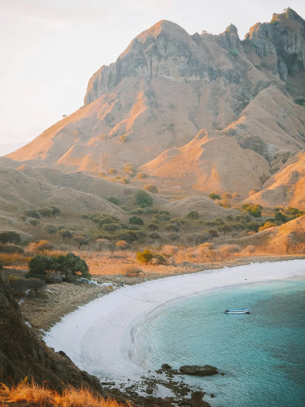 a beach with a boat in the water and a mountain in the background